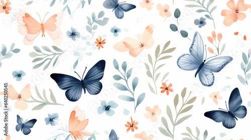 Butterflies seamless wallpaper with a white background. Floral and butterfly paper for crafts, scrapbooks or art projects.   