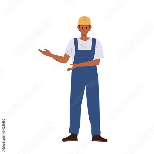 Workman cartoon character in helmet, overalls pointing aside vector illustration isolated on white