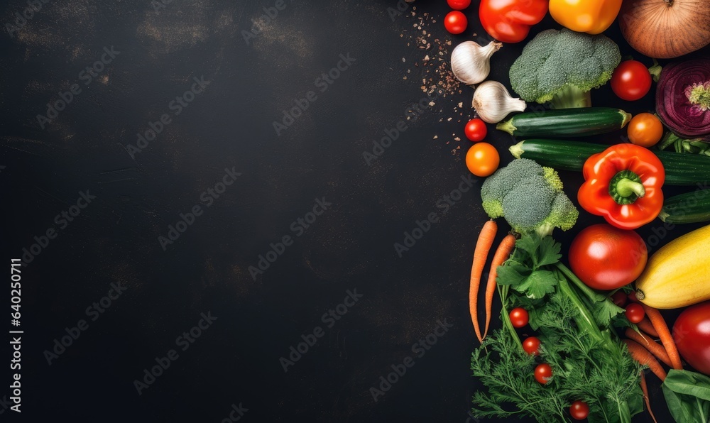 Vegetables on black wood background. Vegetarian organic food banner. Cooking ingredient. Created by AI tools