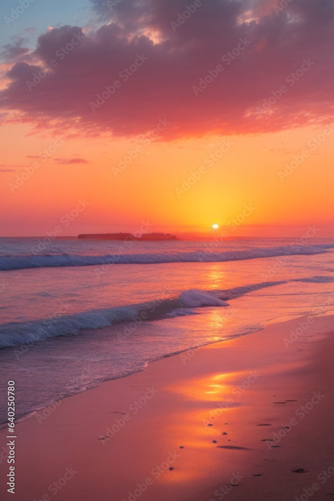 A tranquil beach with a pastel hued sky the sun setting in the distance casting a warm orange glow over the sea.