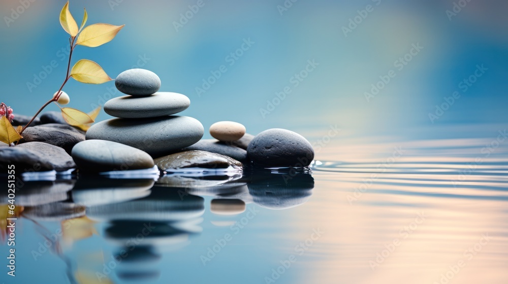 Zen stones symmetrically aligned against calm water. 