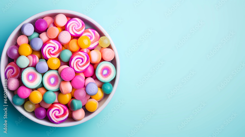 Colorful candies with copy space on a blue-green background. Seasonal hard candies in a bowl isolated with editorial space.  