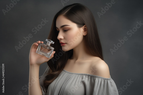 Beautiful young woman with perfume bottle on grey background, closeup