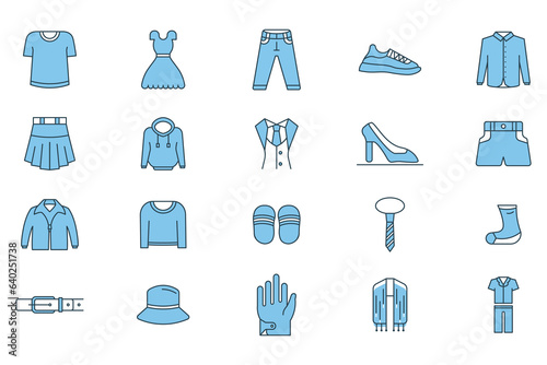 Clothes set icon. Contains icons T-Shirt  dress  Jeans  sneakers  Shirt  etc. Flat line icon style. Simple vector design editable