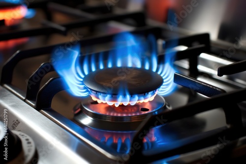 Burning gas burners for a gas stove with a blue flame close-up.stove with stainless steel with cast iron grate.Natural resources