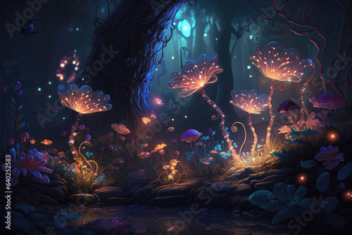 Fairy-tale glowing plants in the forest, AI generated © evening_tao