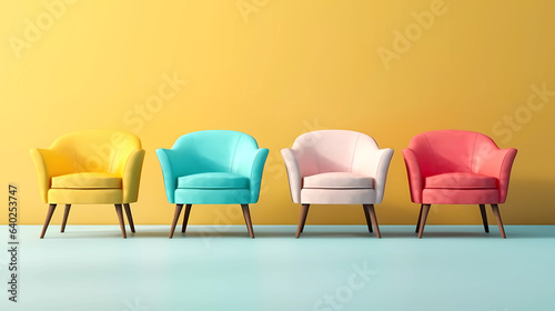 Four colorful retro arm chairs in a row with a yellow background. Vintage fabric chairs front facing isolated against a wall with copy space.