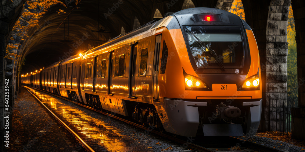Fototapeta premium Dark tunnel illuminated by a train as it passes through, creating a captivating atmosphere. A railway-inspired image for visuals and graphic projects.