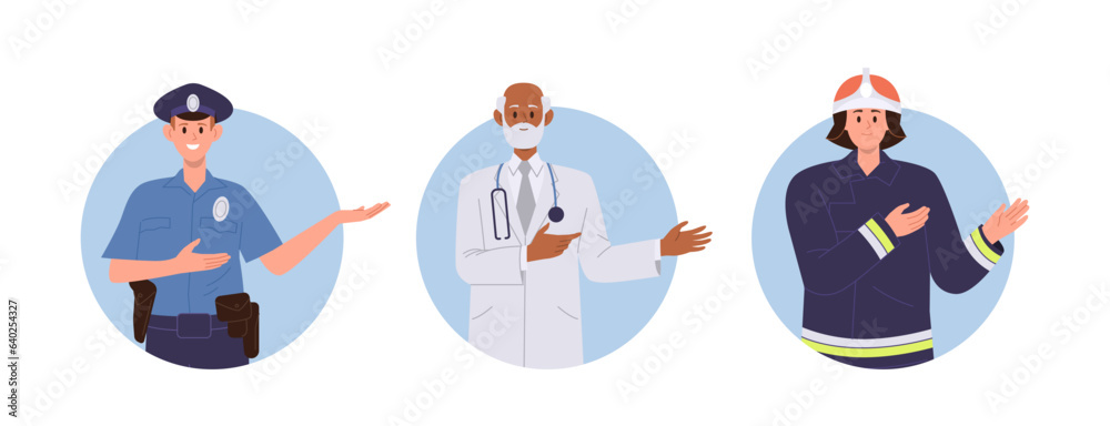 Fototapeta premium Isolated round avatar composition with doctor, firefighter and police officer cartoon character