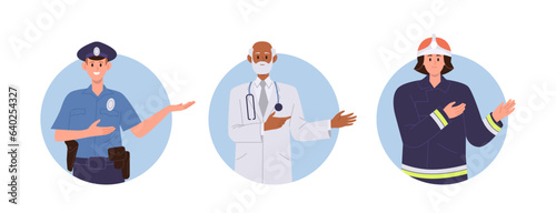 Isolated round avatar composition with doctor, firefighter and police officer cartoon character