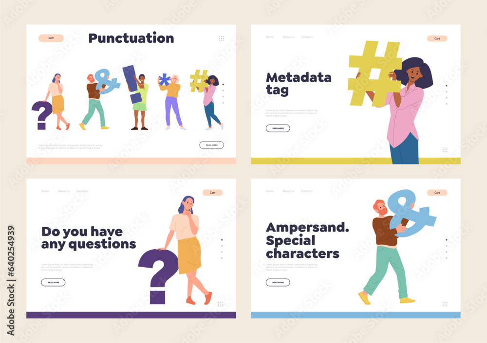 Landing page design set for creative text and message, online mistake correction editor service Landing page design set for creative text and message, online mistake correction editor service
