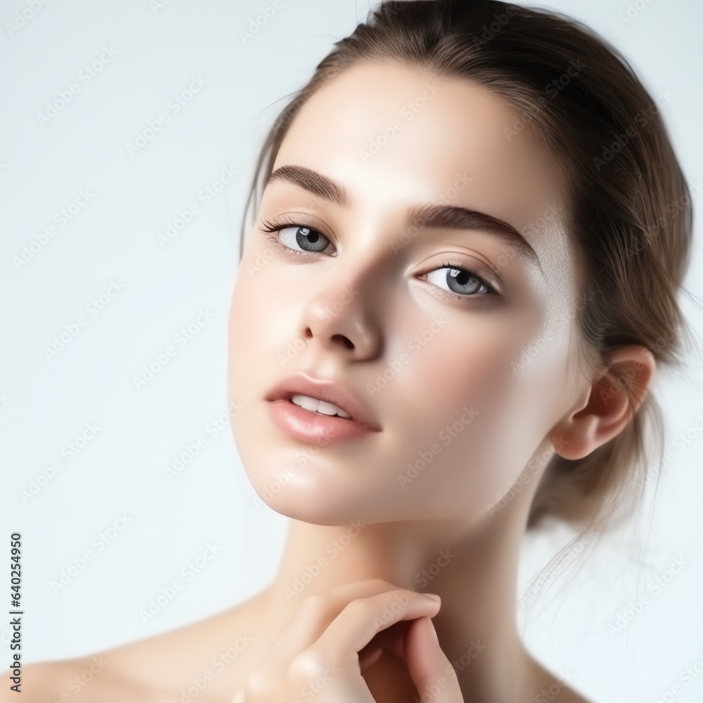 Beautiful women apply skincare to face, white background minimal style Beautiful women apply skincare to face, white background minimal style