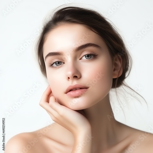 Beautiful women apply skincare to face, white background minimal style