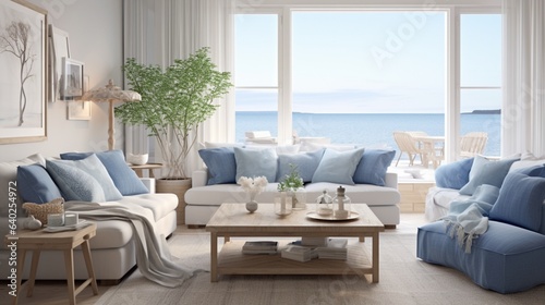 Living room interior , A coastal-inspired living room in the blue and white Nordic style, offering a view of the beach and ocean