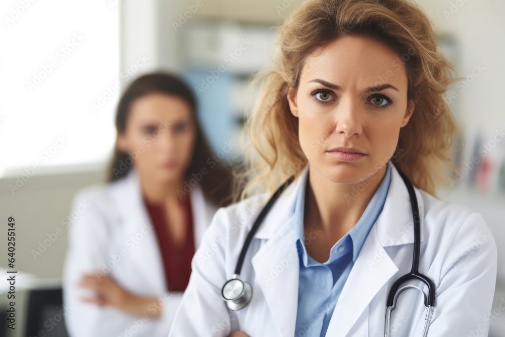 Doctor woman with stethoscope around her neck looking at the camera. Portrait of serious female paramedic Doctor woman with stethoscope around her neck looking at the camera. Portrait of serious female paramedic
