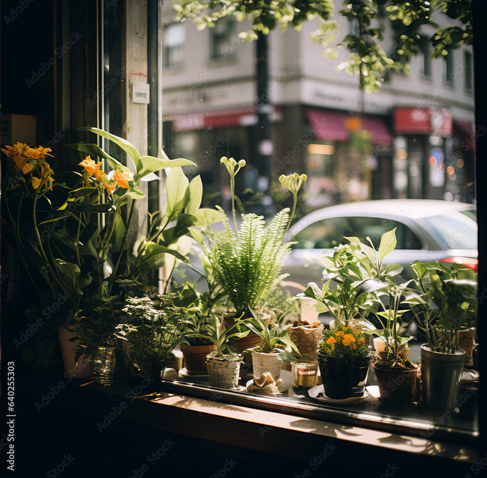 Fototapeta premium plants, sitting in the window of a coffe shop