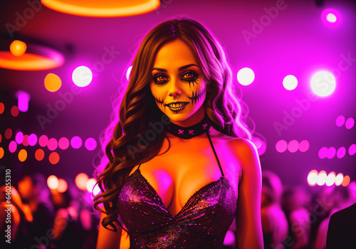 A beautiful girl at a party in a nightclub in honor of Halloween. A woman at a costume party.