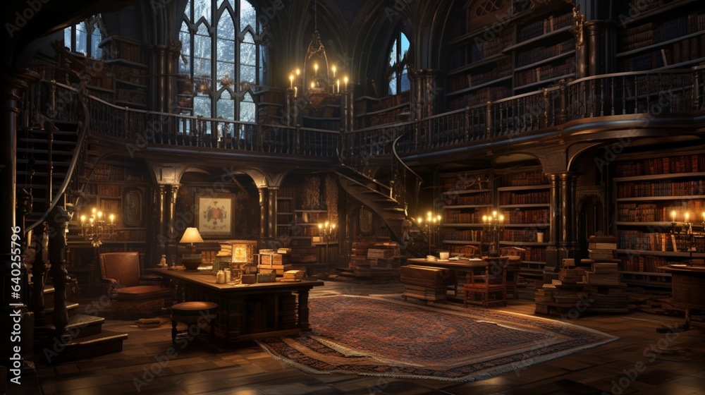 Ancient Library , A dimly lit library with towering bookshelves, ancient tomes, and mysterious artifacts