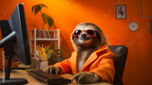 sloth at the computer. generative ai.
concept lazy company worker.