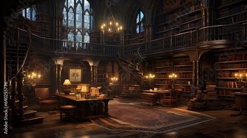 Ancient Library , A dimly lit library with towering bookshelves, ancient tomes, and mysterious artifacts