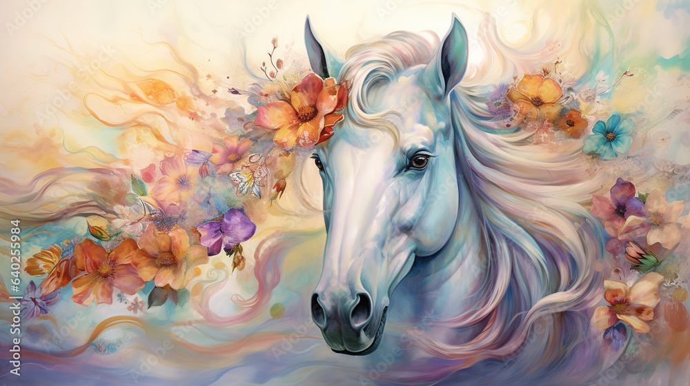 Fototapeta  happy cute horse in flower blossom atmosphere golden oil paint abstract art