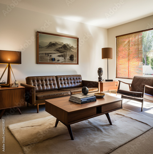 midcentury modern small living room, brown sofa, dark cream carpet photo