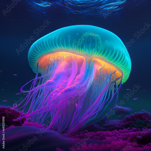 Cinematic Neon Jellyfish in Atoll with Volumetric Lighting  - Generative AI © Ronald