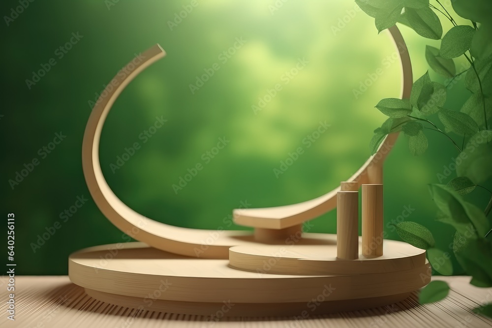 A wooden product display stand in front of a green plant background