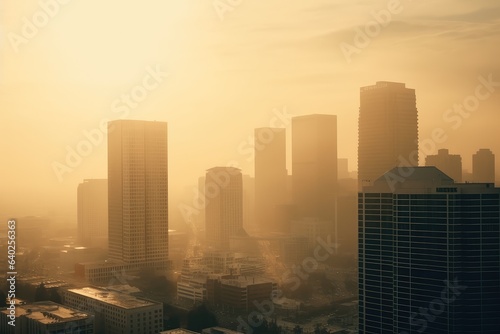 Aerial photograph of city buildings at sunset
