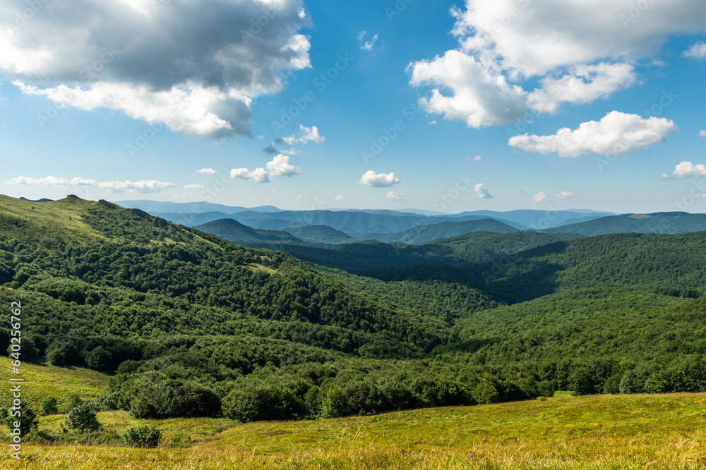 Wilderness and scenic nature and alpine landscape at summer in Bieszczady Mountains, Carpathians, Poland.