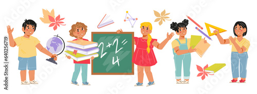 Kids with books and learning items for Back to School and Education Courses banner, flat vector illustration isolated on white. Group of boys and girls of kindergarten or elementary school.