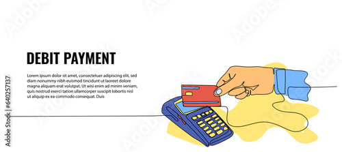 Vector illustration of pay with debit card. Modern flat in continuous line style.