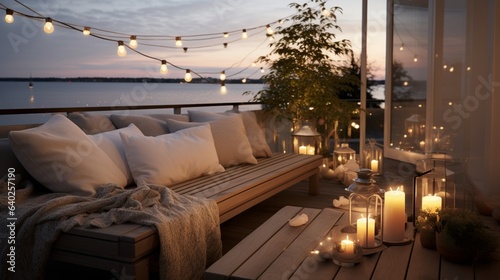 Balcony or Deck , A balcony overlooking the ocean, lit by soft, warm lights and decorated in Nordic coastal style © ZUBI CREATIONS