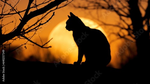 Silhouette of a cat lying outdoor against the sun.
