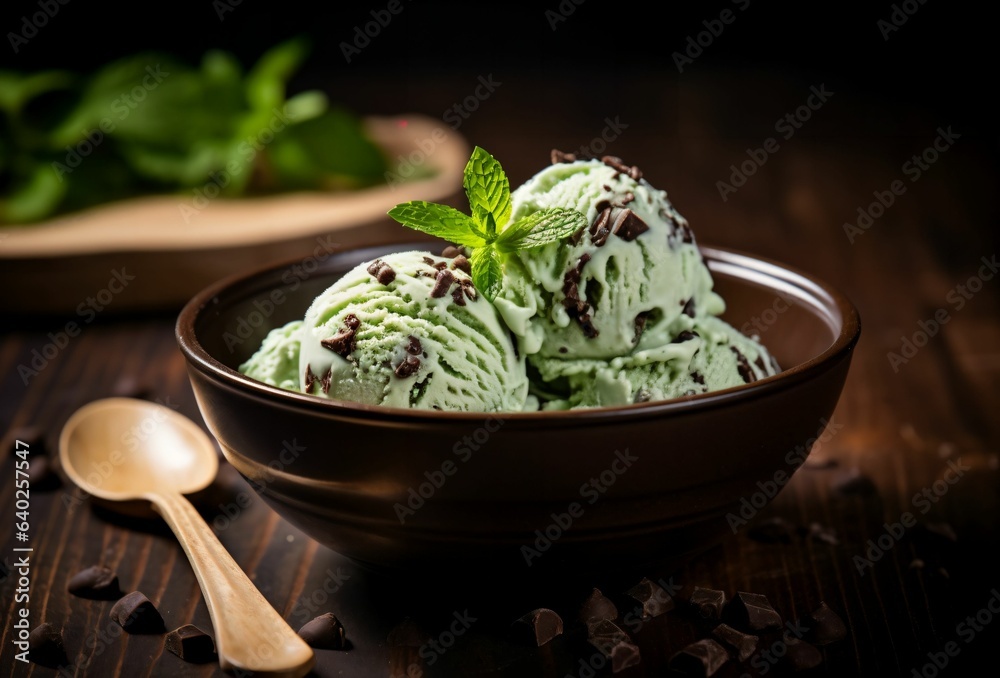 A dish of mint chocolate chip ice cream A dish of mint chocolate chip ice cream