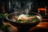 A steaming bowl of pho, the broth fragrant and flavorful and the noodles soft and slippery