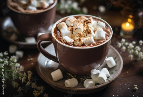 A cup of hot chocolate topped with whipped cream and marshmallows