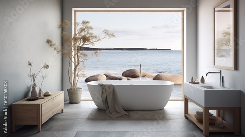 Bathroom Tub   A free-standing bathtub in a Nordic coastal bathroom  framed against a window that offers an ocean view