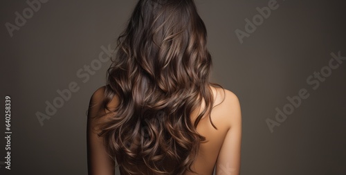 Long brunette curls. Hairstyle for a holiday or for every day. beauty salon and hairstyle concept