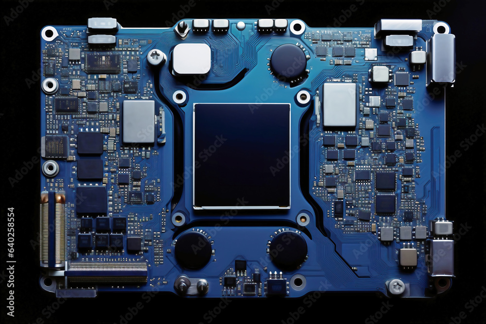 A powerful computer processor or chip on a motherboard. Modern technologies. Blue background. A powerful computer processor or chip on a motherboard. Modern technologies. Blue background.