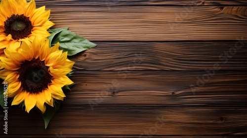 Sunflower against wooden surface, copy space. 