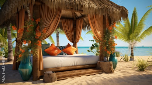 Beach Cabana , A beachside cabana decked out with hammocks, tropical flowers, and a thatched roof © ZUBI CREATIONS