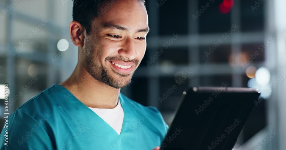 Doctor, man and smile for tablet in hospital at night for medical analysis, telehealth or online results. Happy asian surgeon working late on research, digital healthcare information or planning data