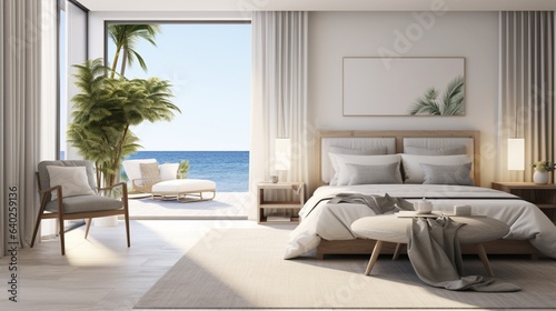 Bedroom , A master bedroom that overlooks an ocean view, styled in grey and white Nordic designs © ZUBI CREATIONS