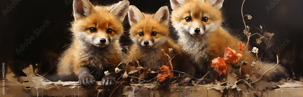 Obraz premium Foxes are multicolored animal illustrations. Sly fox on a plain background, a banner with a place for text.