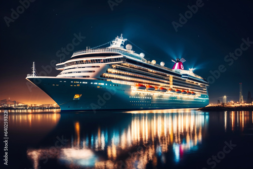 The huge cruise line is lit up at night. Sea travel on vacation. Seascape overlooking a cruise liner.