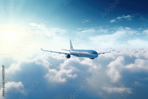 Passenger plane soars under sunny skies..