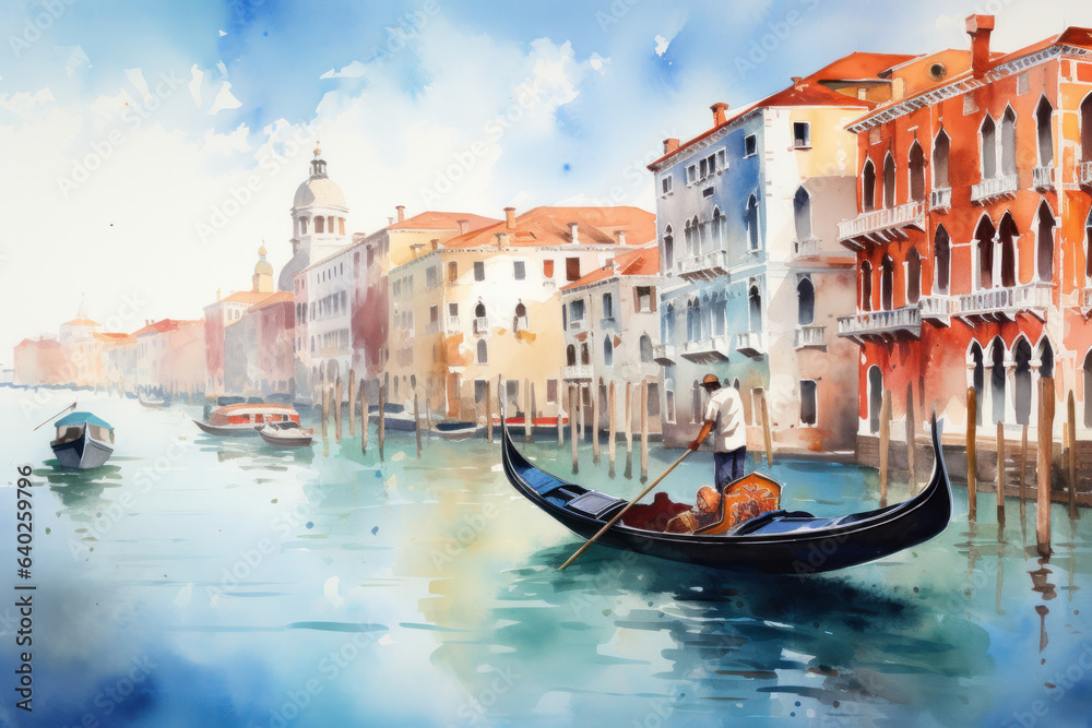 Gondola in Venice canal. Watercolor painting of historic Italian landmark. Multicolored on paper, illustrating a world-famous view.