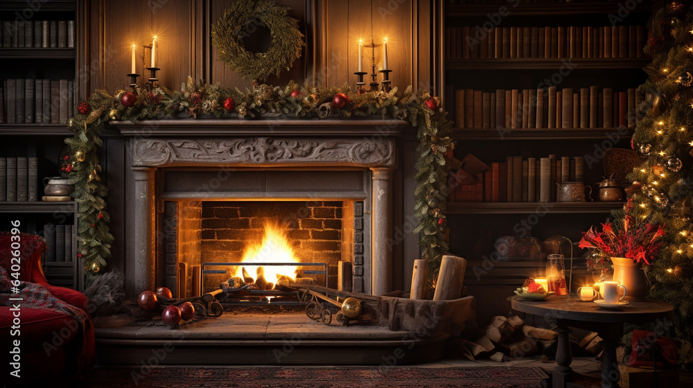 Christmas scenery with room decorated with Christmas tree and ornaments and gifts Christmas scenery with room decorated with Christmas tree and ornaments and gifts