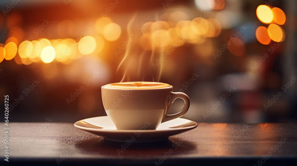 Indoor Elegance: Enjoying a Fresh Brewed Morning Coffee in a Bokeh-lit Café Indoor Elegance: Enjoying a Fresh Brewed Morning Coffee in a Bokeh-lit Café